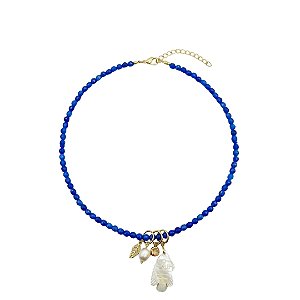 AMEI DE PAIXÃO - Colar Pedra Natural Jade e Pingente Peixe Madre Perola Azul Bic
