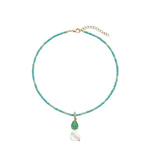 AMEI DE PAIXÃO - Colar Pedra Natural com Pingente Cravejado Gota Zirconia Turquesa e Coração Madre Perola