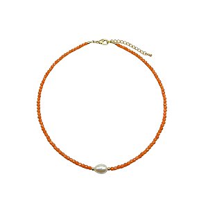 AMEI DE PAIXÃO - Colar Choker Cristal Metalizado e Perola Shell Laranja