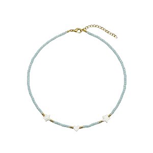 AMEI DE PAIXÃO - Colar Choker Cristal Estrela e Coração Madre Perola Céu Azul