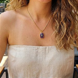 AMEI DE PAIXÃO - Corrente Folheada a Ouro 18k com Pingente de Pedra Natural Roxo