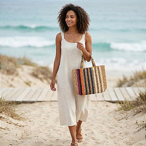 AMEI DE PAIXÃO - Bolsa de Ráfia 2 Marinho e Bege