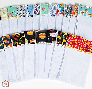 Kit 5 peças - Pano de prato branco - Barra estampada
