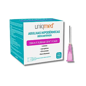 AGULHA HIPODÉRMICA DESCARTÁVEL 20MM X 0,55MM (3/4" x 24G) - CAIXA COM 100 UNIDADES - UNIQMED