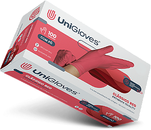 LUVA DE PROCEDIMENTO RED CLÁSSICA COM POUCO PÓ CAIXA 100 UNIDADES - UNIGLOVES