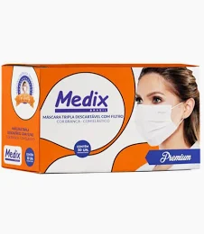 MÁSCARA TRIPLA C/ELÁSTICO BRANCA - CAIXA COM 50 UNIDADES - MEDIX