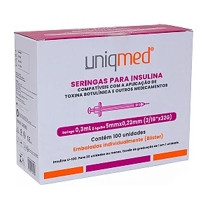 SERINGA PARA INSULINA COM AGULHA 0,3ML 5MM X 0,23MM (3/16" X 32G) - BLISTER(UNIDADE) - UNIQMED
