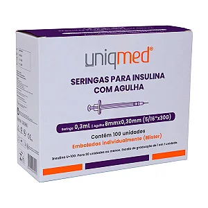 SERINGA PARA INSULINA COM AGULHA 0,3ML 8MM X 0,30MM (5/16" X 30G) - BLISTER(UNIDADE) - UNIQMED