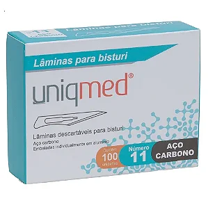 LÂMINAS DESCARTÁVEIS PARA BISTURI TAM. 11 AÇO CARBONO - CAIXA COM 100 UNIDADES - UNIQMED