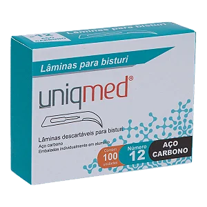 LÂMINAS DESCARTÁVEIS PARA BISTURI TAM. 12 AÇO CARBONO - CAIXA COM 100 UNIDADES - UNIQMED