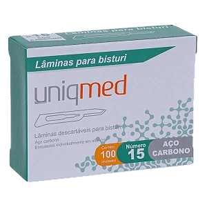 LÂMINAS DESCARTÁVEIS PARA BISTURI TAM. 15 AÇO CARBONO - CAIXA COM 100 UNIDADES - UNIQMED