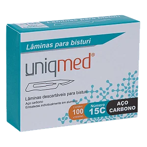 LÂMINAS DESCARTÁVEIS PARA BISTURI TAM. 15C AÇO CARBONO - CAIXA COM 100 UNIDADES - UNIQMED