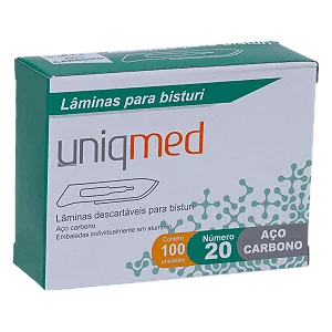 LÂMINAS DESCARTÁVEIS PARA BISTURI TAM. 20 AÇO CARBONO - CAIXA COM 100 UNIDADES - UNIQMED
