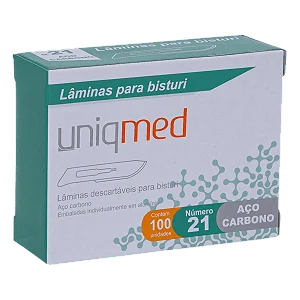 LÂMINAS DESCARTÁVEIS PARA BISTURI TAM. 21 AÇO CARBONO - CAIXA COM 100 UNIDADES - UNIQMED