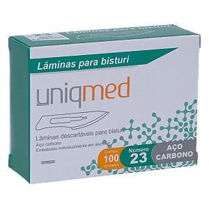 LÂMINAS DESCARTÁVEIS PARA BISTURI TAM. 23 AÇO CARBONO - CAIXA COM 100 UNIDADES - UNIQMED