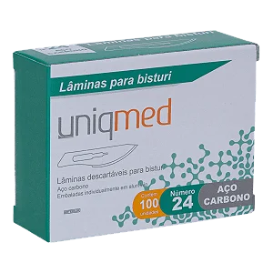 LÂMINAS DESCARTÁVEIS PARA BISTURI TAM. 24 AÇO CARBONO - CAIXA COM 100 UNIDADES - UNIQMED