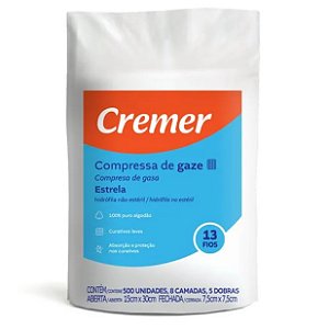 COMPRESSA DE GAZE ESTRELA 13F C/500UN 7,5X7,5 NÃO ESTÉRIL - CREMER