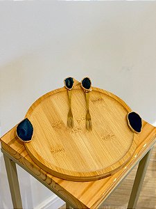 Petisqueira Madeira Com Garfos Dourados E Pedra Ágata Azul