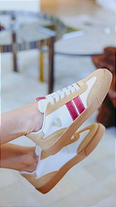 Tênis Feminino Casual Couro Caramelo Com Rosé Giardino