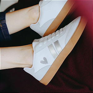 Tênis Feminino Couro Casual Prata E Branco Giardino