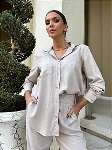Conjunto Camisa e Calça em Linho com Viscose Cinza Claro