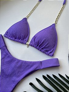 Top 014 cortininha com corrente ouro Shine lilas + calcinha fita 013