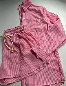 Camisa + shorts bolso micro linho listras rosa