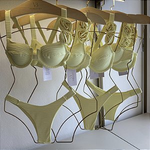 Top aro 093 flores alça larga + calcinha fita sunshine amarelo