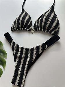 Top cortininha com bojo removível + calcinha fita 013 Trancoso preto