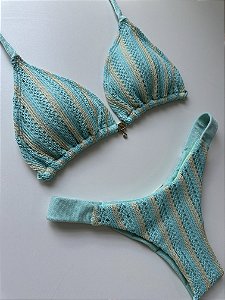 Top cortininha com bojo removível + calcinha fita 013 Trancoso Azul