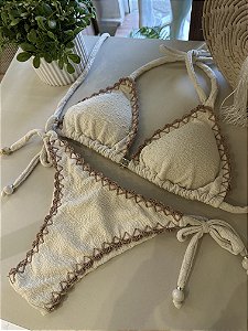 Top 014 cortininha com bojo removível com crochê + calcinha 013 amarrar Maragogi
