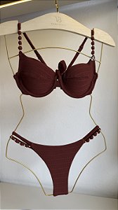 Top 093 aro micanga alcas + calcinha 016 semi fio com duas tiras e miçangas alças Rivieira terracota