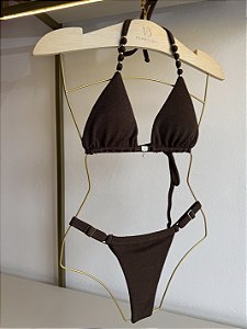 Top 004 cortininha com miçangas alça + calcinha 794 de regulagem fita Tulum chocolate