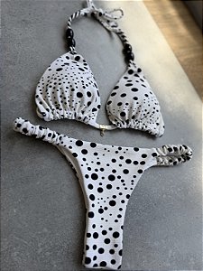 Top cortininha com bojo removivel com detalhes alca e micangas + calcinha regulagem lumiere off white