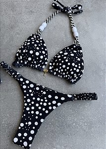 Top cortininha com bojo removivel com detalhes alca e micangas + calcinha regulagem lumiere preto