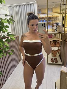 Maio bora bora com cinto opcional bojo, alças e cintos opcionais marrom com off white
