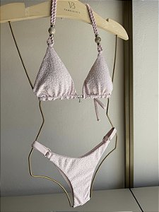 Top cortininha com bojo removivel com detalhes alca e micangas + calcinha regulagem 013 reg algodao doce rosa