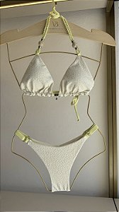 Top cortininha com bojo removivel com detalhes alca e micangas + calcinha regulagem 013 reg algodao doce amarelo