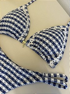 Cortininha com Bojo removível e renda aplicada + calcinha fita dupla xadrez azul