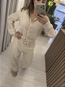 Camisa + calça com bolso micro linho listras bege