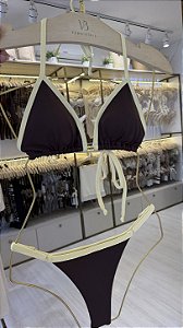 Cortininha com bojo removivel 018 + calcinha 794 regulagem Rio Marrom com viés amarelo