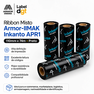 Ribbon 110x74 Misto Armor Inkanto APR1 Externo 1/2 Pol Para Impressora Térmica Zebra Argox Elgin