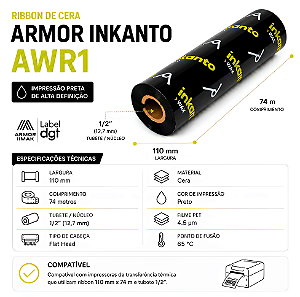Kit Combo Ribbon 110x74 Cera Armor Inkanto AWR1 Externo Para Etiqueta Couché 1/2 Pol Para Impressora Térmica Zebra Argox Elgin
