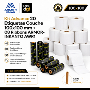 Kit Advance 20 rolos Etiqueta Couche s/serrilha 100mmx100mm - brinde 08 rolos de Ribbon Armor-Inkanto Cera AWR1 110x74mm