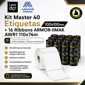 Kit Master 40 rolos Etiqueta Couche s/serrilha 100mmx100mm - brinde 16 rolos de Ribbon Armor-Inkanto Cera AWR1 110x74mm