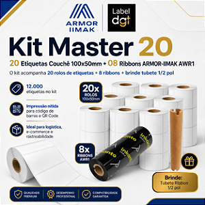 Kit Master 20 rolos Etiqueta Couche s/serrilha 100mmx50mm - brinde 08 rolos de Ribbon Armor-Inkanto Cera AWR1 110x74mm