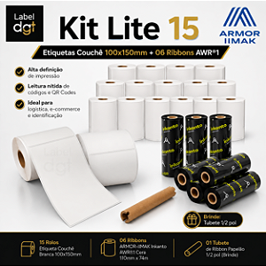 Kit Lite 15 rolos Etiqueta Couche s/serrilha 100mmx150mm - brinde 06 rolos de Ribbon Armor-Inkanto Cera AWR1 110x74mm