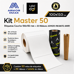 Kit Master 50 rolos Etiqueta Couche s/serrilha 100mmx150mm - brinde 20 rolos de Ribbon Armor Inkanto Cera AWR1 110x74mm