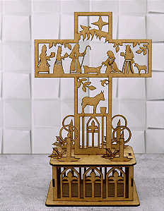 Presépio Cruz Natal Advento Capela em MDF Cru