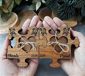 Porta Alianças Rústico Quebra-cabeça Personalizado